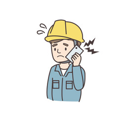 電話対応で困る男性作業員のイラスト
