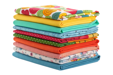 Neat stack of colorful folded fabrics including floral prints, polka dots, and solid colors in rainbow arrangement, isolated on a transparent background