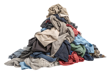 Large pyramid of mixed casual clothing in various colors including denim and cotton garments, isolated on a transparent background