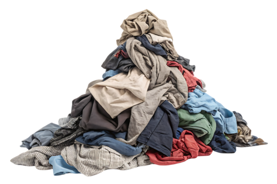 Large pyramid of mixed casual clothing in various colors including denim and cotton garments, isolated on a transparent background