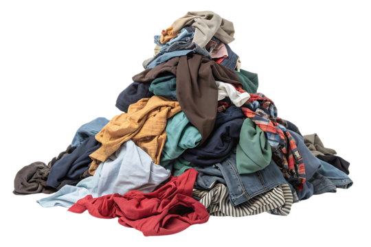 Massive pile of colorful mixed clothing including denim, shirts, and casual wear in heap, isolated on a transparent background