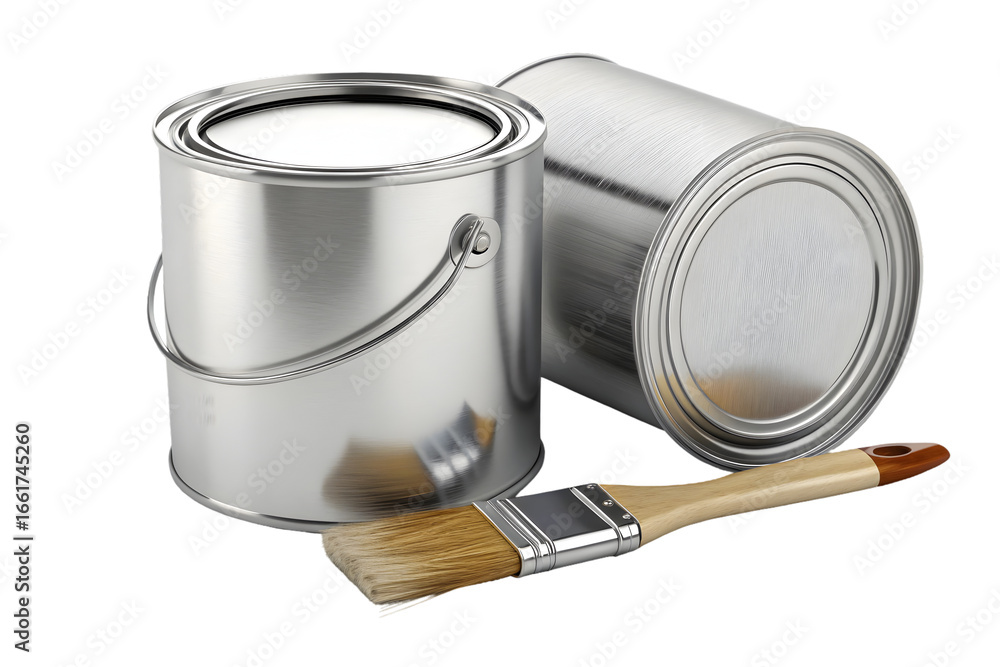 Poster can with silver metallic paint and brush 3d rendering isolated on transparent background