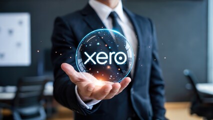 Professional businessman holding glowing Xero logo sphere representing financial success and modern accounting solutions