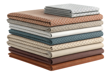 Stack of neatly folded fabric textiles in various colors and patterns including geometric designs and textures, isolated on a transparent background
