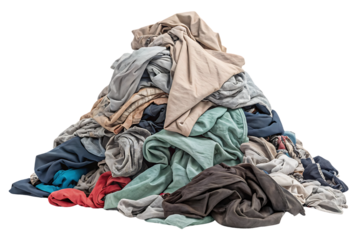 Huge pile of mixed clothing items, various colors and textures creating towering mound of fabric, isolated on a transparent background