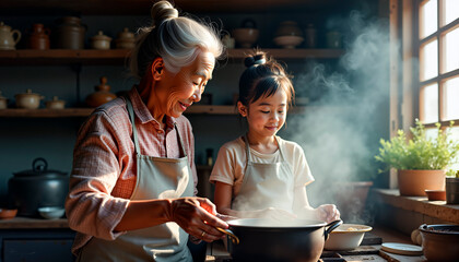 Elderly Asian woman teaching young girl to cook in cozy kitchen - Concept of International Older Persons Day  