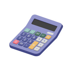 Purple calculator with colorful buttons and screen isolated on transparent background