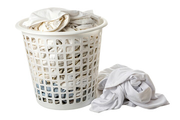 White laundry basket filled with light colored clothes, clean garments neatly contained in plastic hamper, isolated on a transparent background
