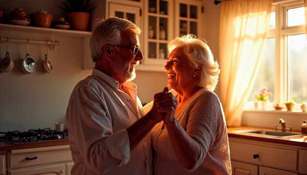 Elderly couple dancing joyfully in kitchen during sunset, concept of International Older Persons Day   - Powered by Adobe
