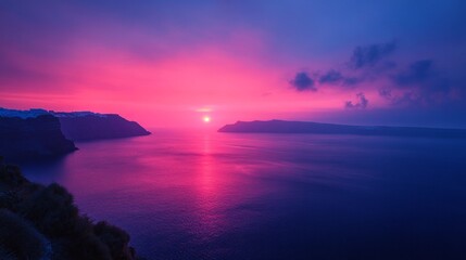 Sunset over the sea with a pink sky and mountain silhouettes — suitable for cover designs, travel blogs, and meditation apps.