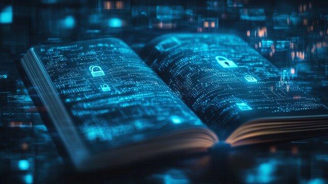 An open digital book with holographic locks on the pages, symbolizing data security and modern technology, useful for articles on cybersecurity and innovation.