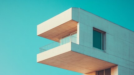 A modern building with unusual architecture and clean lines against a blue sky &mdash; for design projects, architectural portfolios, and covers of contemporary art magazines.