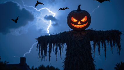 Spooky Halloween scene featuring glowing pumpkin scarecrow under stormy sky with bats flying around. Eerie atmosphere enhances frightful vibe