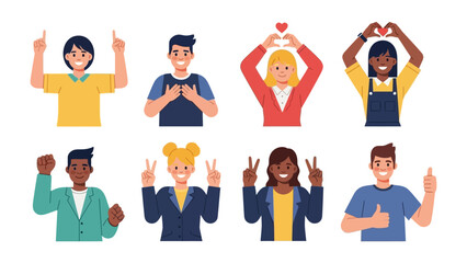 Gestures of Human Expression: A vibrant illustration depicting a diverse ensemble of individuals communicating emotions and messages through expressive hand gestures.