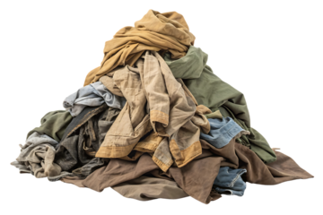 Disorderly mound of neutral colored clothing including shirts and pants in beige and olive tones, isolated on a transparent background