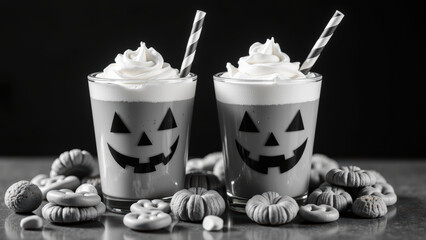 Spooky Halloween drinks with whipped cream and playful pumpkin faces, surrounded by festive cookies and treats create fun atmosphere