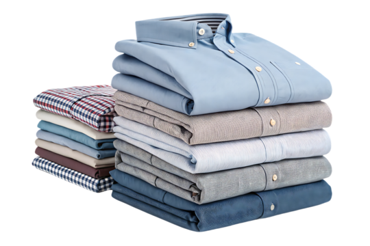 Neatly stacked business shirts in various colors and patterns folded professionally for retail display, isolated on a transparent background - Powered by Adobe