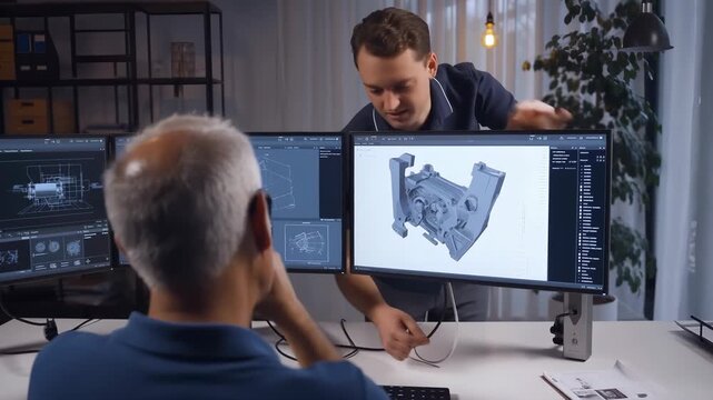 Two engineers collaborating on a project, using cad software on three monitors to design a complex mechanical part, showcasing teamwork and advanced technology in modern engineering