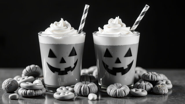 Spooky Halloween drinks with whipped cream and playful pumpkin faces, surrounded by festive cookies and treats create fun atmosphere