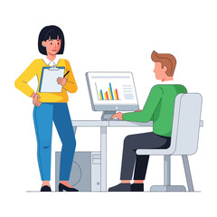 Office Duo: A person in a professional setting analyzing performance metrics, supported by colleague, fostering collaboration and efficient workflow.