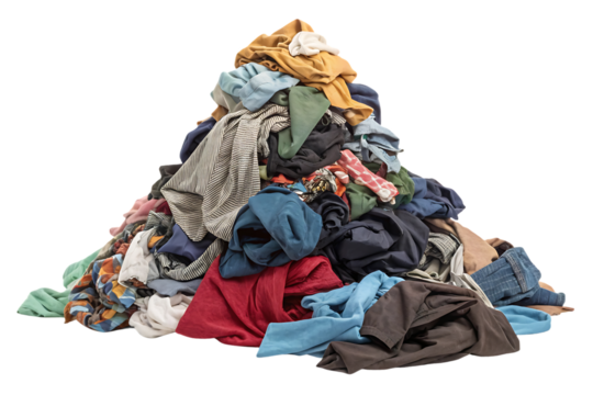 Towering stack of diverse garments showing various fabrics colors and clothing types in disorganized heap, isolated on a transparent background