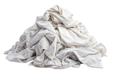 Messy heap of wrinkled white and beige cotton clothing garments, isolated on a transparent background