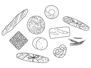 Bread loaf and pastry products hand drawn set,French Baguette bread baking bread ,Loaf baked pastry wheat different set, Bakery and cafe concept good for logo. Vector illustration
