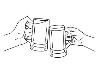 Hands holding glasses of beer,Hands holding various drinks in a celebratory gesture,Drawings for beer designs. Event, party, presentation, promotion, menu Hand-drawing vector illustration.