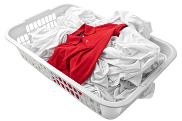 White laundry basket containing mostly white clothes with one bright red polo shirt on top, isolated on a transparent background