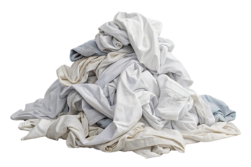 Stack of predominantly light colored and gray clothing items bundled together in wrinkled condition, isolated on a transparent background