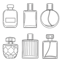 Hand drawn perfume bottle set ,Minimal icon, Beauty fashion print, banner, perfume botlle mockup, bottle mockups, glass bottle, fabric, glass jar,fragrance, spray,Vector illustration
