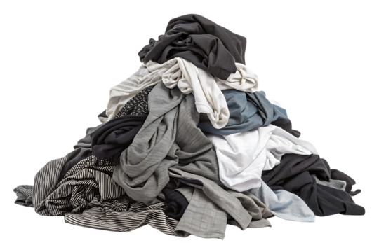 Large mound of assorted dark and light clothing items including striped patterns and various textures, isolated on a transparent background