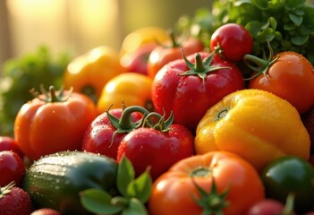 vibrant display nutrient dense fruits vegetables arranged spectrum colors showcasing health benefits freshness, salad, beans, greens, peppers, berries