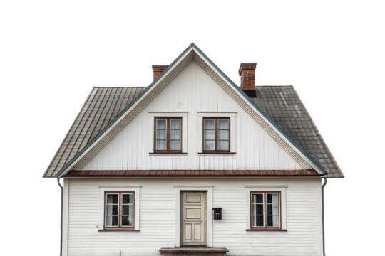 Traditional white clapboard house with dormer windows, brick chimneys, and simple rectangular front door design, isolated on a transparent background