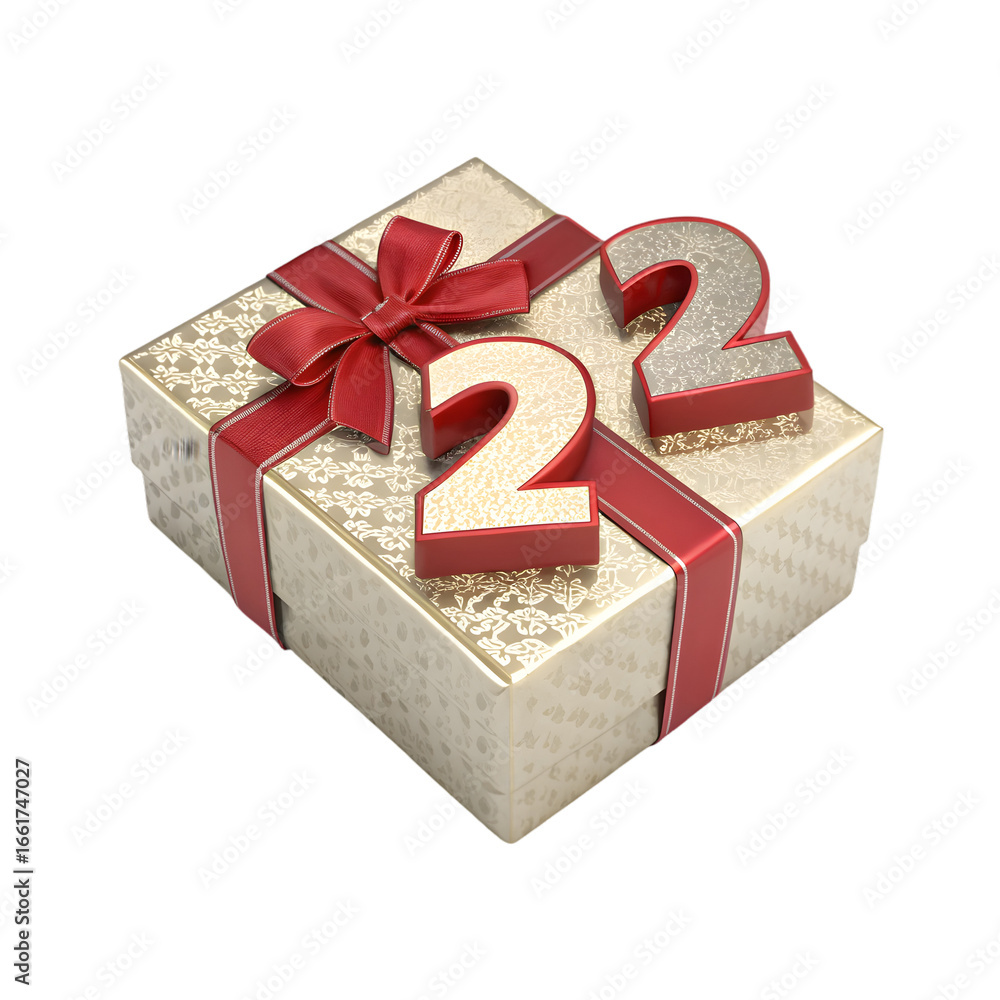 Poster number 2 gift box shaped of a number two with red ribbon bow 3d rendering isolated on transparent ba