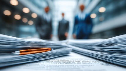 Two executives reviewing financial accounting papers and legal documents in an office