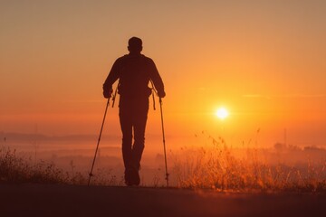 Silhouette of a male hiker with trekking poles walking along a path at sunrise, surrounded by misty landscape, capturing the essence of adventure and exploration in nature