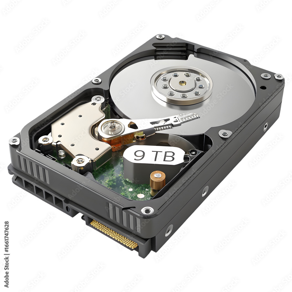 Poster hard disk drive hdd 9 tb 3d rendering isolated on transparent background