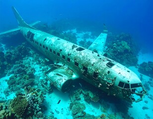 Sunken plane amidst coral reef