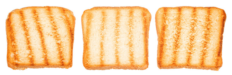 Three toasted bread slices with grill marks isolated on white background.