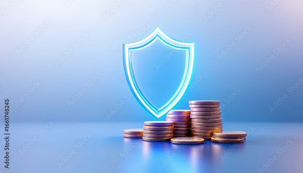 Poster abstract glowing shield protecting stacked coins on soft gradient background for conceptual financia