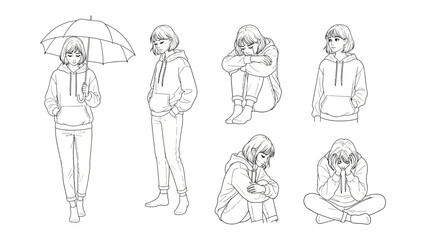 Girl's Emotional Spectrum: A detailed sketch captures a girl's emotional states in various poses: walking in the rain, standing, hugging knees, or bowing her head.