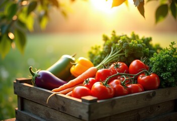vibrant fresh farm produce colorful harvest organic vegetables fruits sunlight warmth nature, field, basket, market, ripe, green, red, yellow, orange, seasonal