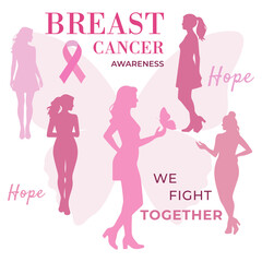 Inspirational vector illustration with pink ribbon, women silhouettes, butterfly and hope text for Breast Cancer Awareness Month. Symbol of prevention, support, care and unity in October campaigns.
