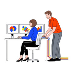 Tech Support Collaboration: A graphic designer receives assistance from a technician, as they work together at a workstation. Depicting digital design, data.