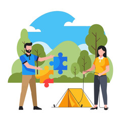 Fototapeta premium Camping in Nature: A couple sets up their tent in a tranquil natural setting, with puzzle pieces of the landscape in view