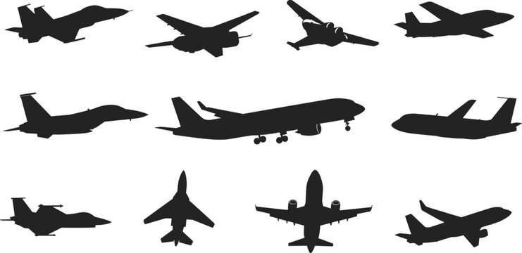 Airplane silhouette vector, jet aircraft icon, passenger plane graphic, military jet illustration, aviation design, flying plane symbol, black aircraft outline