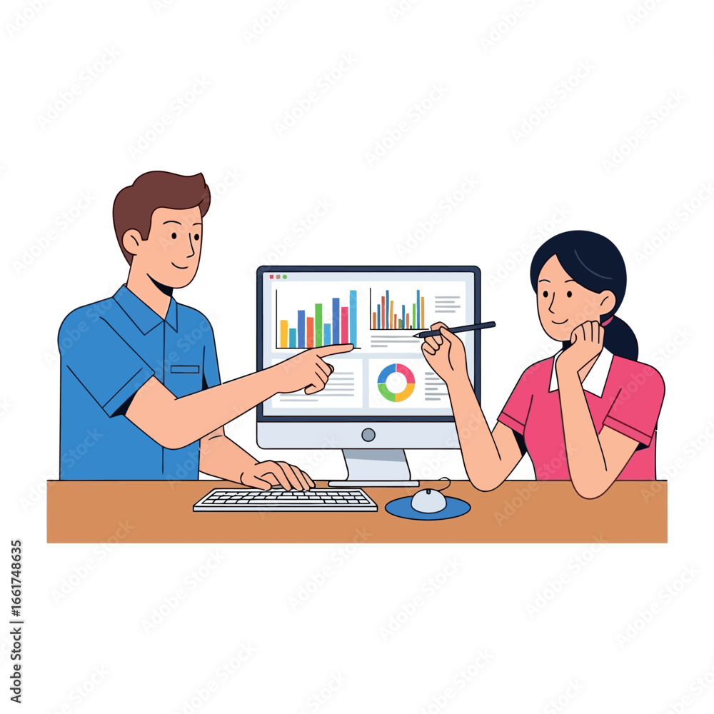 Poster business collaboration: two professionals analyze data on a computer, fostering collaboration, commu