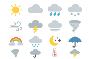 Obraz premium Weather icons collection featuring sun, rain, clouds, and storm symbols