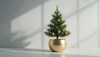 Small, festive Christmas tree adorned with gold and silver ornaments stands in golden pot, casting shadow on marble surface. minimalist decor creates serene holiday atmosphere